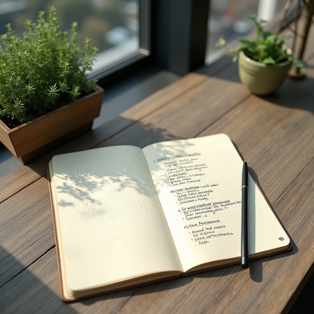 Strukturierter Arbeitsbereich mit Notizbuch und klaren Kategorien für Haushaltsplanung