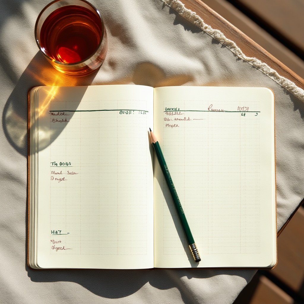 Haushaltsplanung mit Notizbuch und Stift auf strukturiertem Untergrund